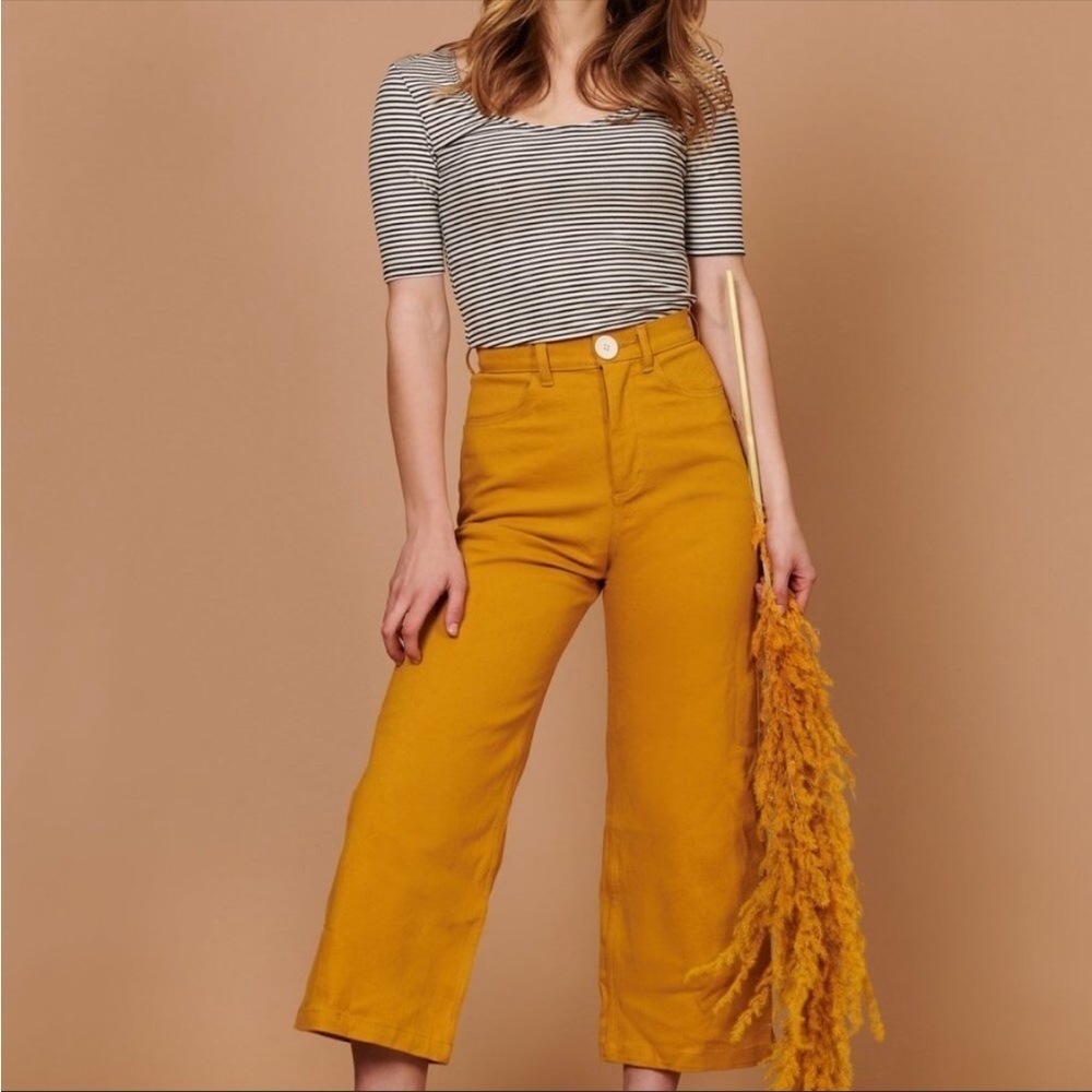 Whimsy & Row Flora Organic Cotton Wide Leg Cropped Pant in Mustard Yellow